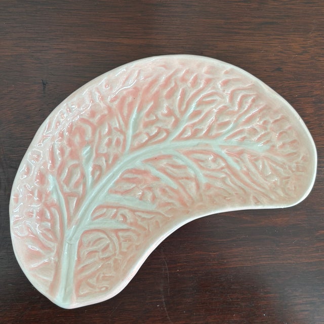 Light Pink Vintage Majolica Cabbage Leaf Crescent Plates, Portugal — Set of 4 For Sale - Image 8 of 12