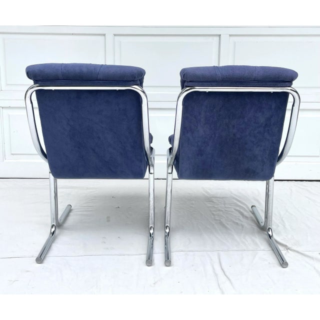Blue Pair of 1970's Blue Tufted Modern Chrome Lounge Side Chairs For Sale - Image 8 of 12
