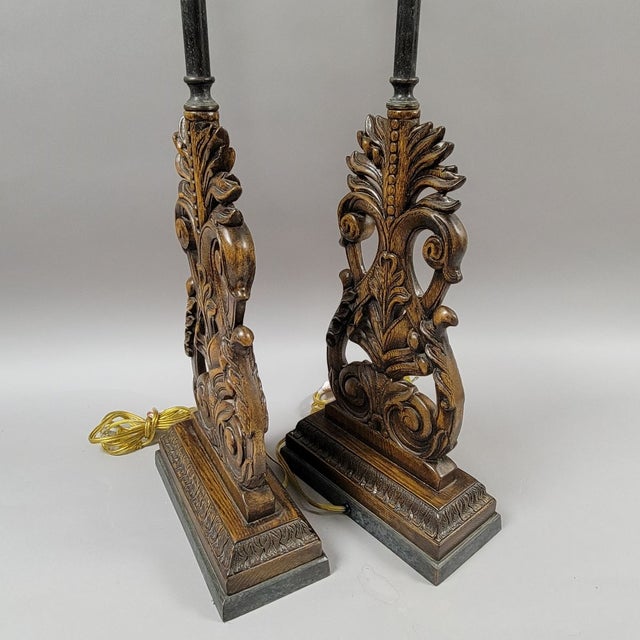 Pair of French Provincial Style Carved Wood Table Lamps With Bronze Finials For Sale In Raleigh - Image 6 of 8