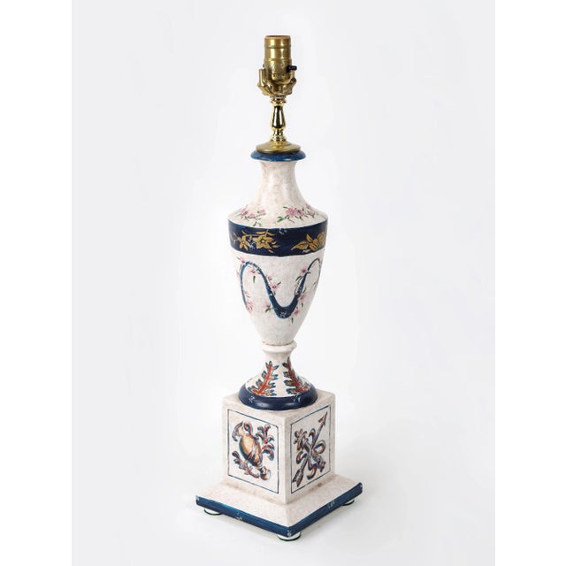Vintage White and Blue Hand Painted Wooden Urn Table Lamp For Sale - Image 4 of 9