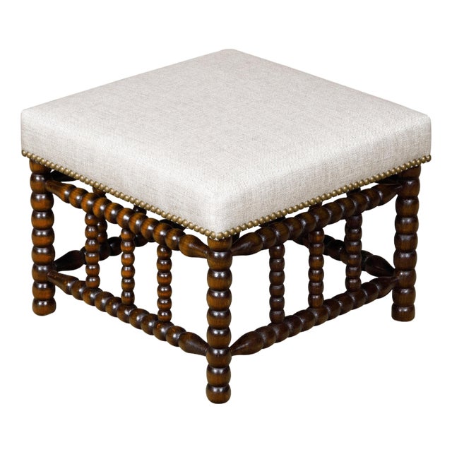 English 19th Century Bobbin Stool with Upholstered Seat and Nailhead Trim For Sale