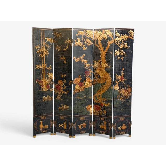 Chinoiserie Chinese Export, Jappanned Screen, Crackle Lacquer, Gilt, Brass, China, 1960s For Sale - Image 3 of 18