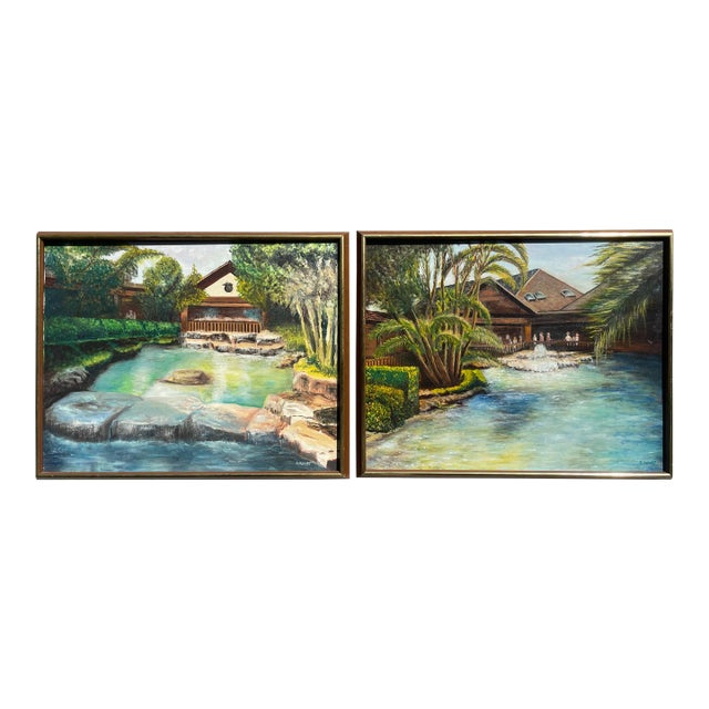 "Tropical Garden Visit" Acrylic on Canvas Painting by Si Kain 1987/Set of 2 For Sale