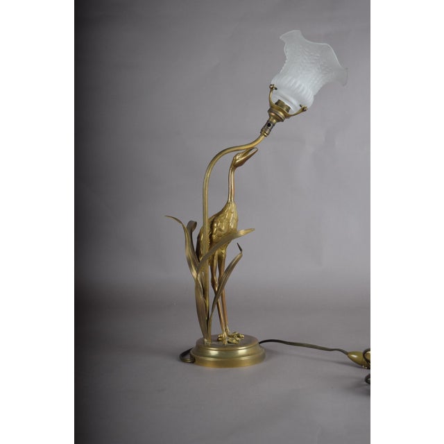 Metal Art Deco Gilt Brass Sculpted Crane Table Lamp with Frosted Glass Shade, Europe, 1930s For Sale - Image 7 of 9