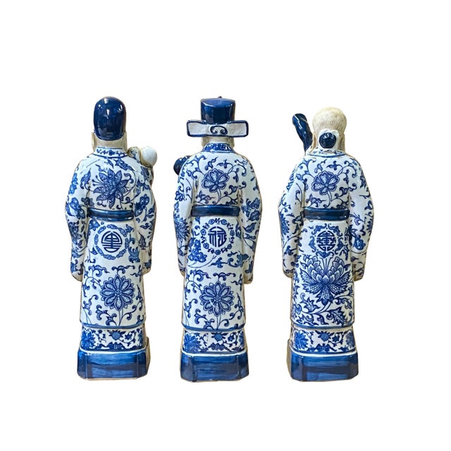 2010s Chinese Distressed Blue White Color Fengshui Fok Lok Shao Figure Set For Sale - Image 5 of 6