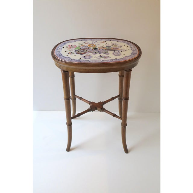 Chinoiserie English Faux-Bamboo Mahogany Accent Drinks Table With Porcelain Top, Circa Early-20th C For Sale - Image 3 of 14