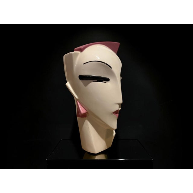 Striking vintage Postmodern ceramic face vase with a beautiful Art Deco-inspired design, in style of Lindsey Balkweill....