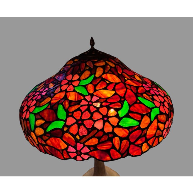 American Vintage Handel Co. Table Lamp Base With Floral Decorated Leaded Glass Shade For Sale - Image 3 of 11