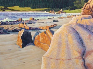 1980s Gordon Mortensen "Rocks, Sand and Sea" Signed Numbered Woodcut Beach Ocean Art