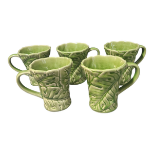 Late 20th Century Monterey Tropical Green Monstera Pattern Majolica Ceramic Coffee Tea Mugs- Set of 5