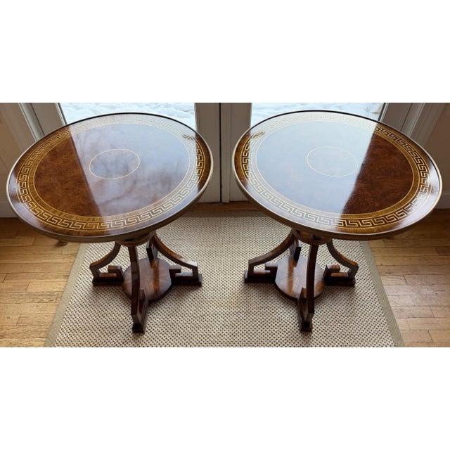 Wood French Greek Key Round Side Tables, Brass, Burlwood,Set of 2 For Sale - Image 7 of 18