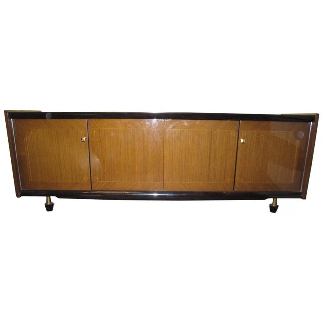 French four door long and low sideboard / buffet featuring dark brown ebonized accents, side brass top trim and parquetry...