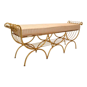 Italian Curule Gilt Wrought Iron Long Bench Original Silk Fabric Seat Cushion