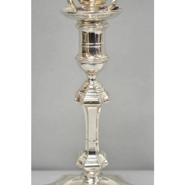 Early 20th Century Antique English Regency Silver Plated Footed Candlestick Table Lamps - A Pair For Sale - Image 5 of 16