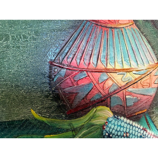 Late 20th Century Textured Signed Oil Painting Still Life, Folk Art Pottery Corn Adobe Scene Art For Sale - Image 9 of 10