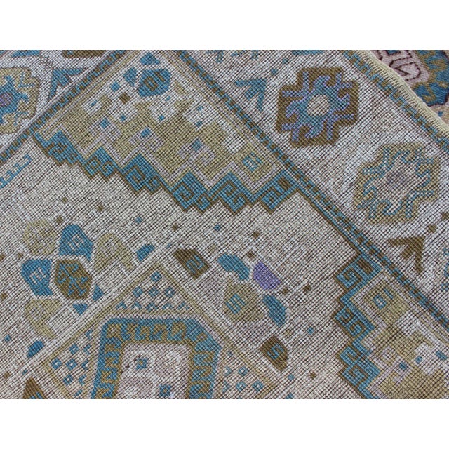 Textile Teal, Green, Blue and Yellow Vintage Turkish Oushak Runner With Geometric Design For Sale - Image 7 of 8