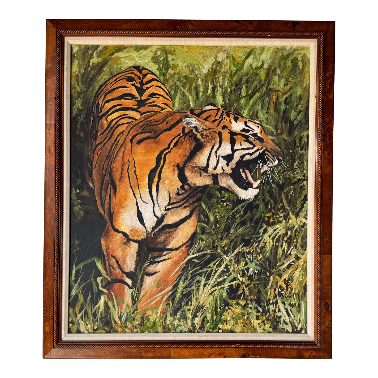 1980's Vintage Renee Tiger on the Grass Oil Painting - Framed | Chairish