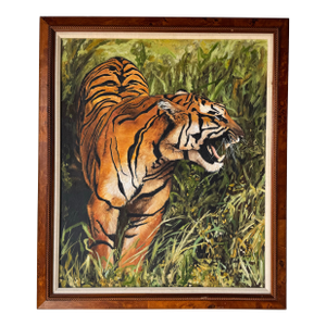 1980's Vintage Renee Tiger on the Grass Oil Painting - Framed