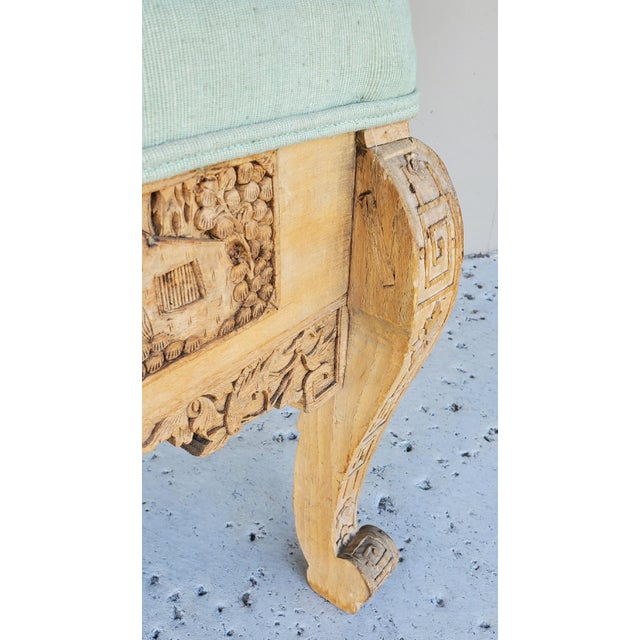 Wood 1920s Antique Chinese Hand Carved Upholstered Wooden Long Bench For Sale - Image 7 of 12