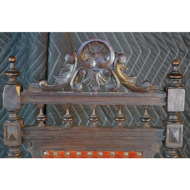 Wood 6 Antique Renaissance Revival Carved Walnut High Back Velvet Dining Chairs For Sale - Image 7 of 18