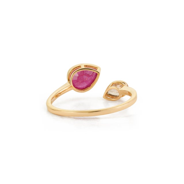Pear Cut 1.45ct Ruby Diamond Open Face Modern 14k Gold Ring Size 7 For Sale - Image 10 of 18