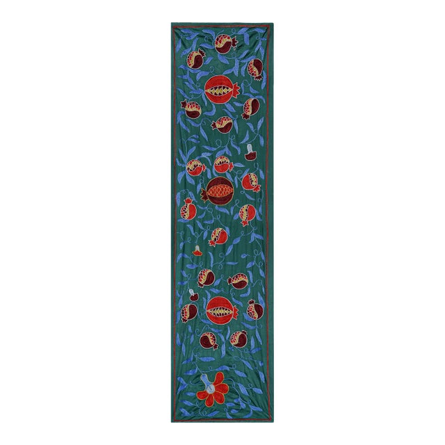 Green Uzbek Suzani Embroidered Table Runner – Red Pomegranate Floral Boho Textile 1'8'' X 6'1'' For Sale