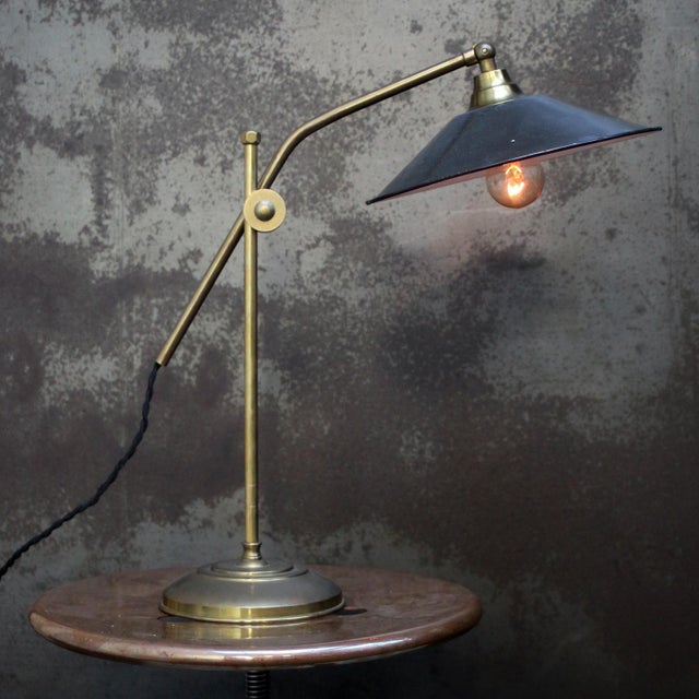 French dark grey enamel and brass desk light 2,5 meter black cotton flex, plug and switch E27 / E26 European Plug (up to...