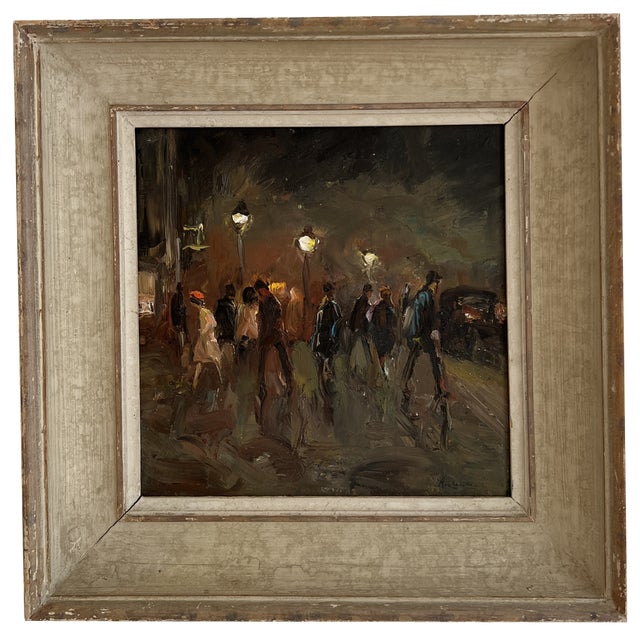 Adolfo Carducci, Promenade sous les réverbères, Oil on Wood, Framed For Sale