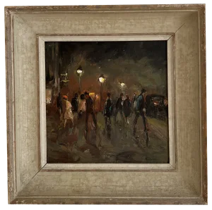 Adolfo Carducci, Promenade sous les réverbères, Oil on Wood, Framed