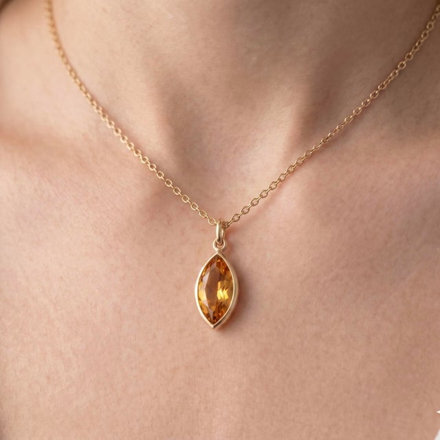 Genuine Marquise Citrine Necklace – Minimalist Bezel Set Golden Gemstone Solitaire Pendant For Sale - Image 4 of 5
