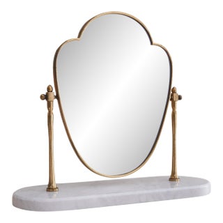 Italian Brass Vanity Mirror with White Marble Base, 1940s For Sale
