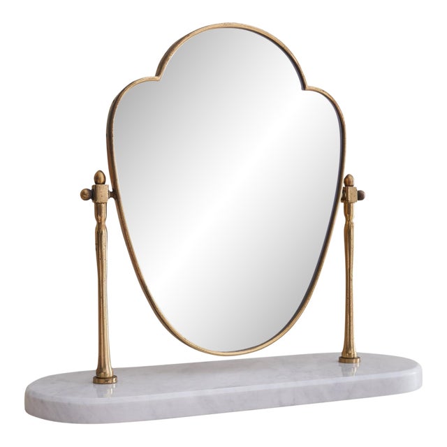 Italian Brass Vanity Mirror with White Marble Base, 1940s For Sale