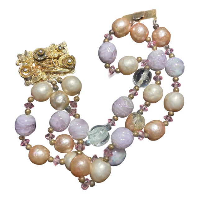 Vintage Venetian/Murano Glass Wedding Cake Bead (Or Fiorato) Bracelet With Ornate Clasp For Sale