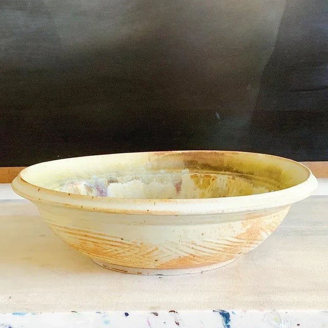 Mid-Century Hand Thrown Ceramic Bowl in Flame Glaze, Signed For Sale - Image 4 of 6