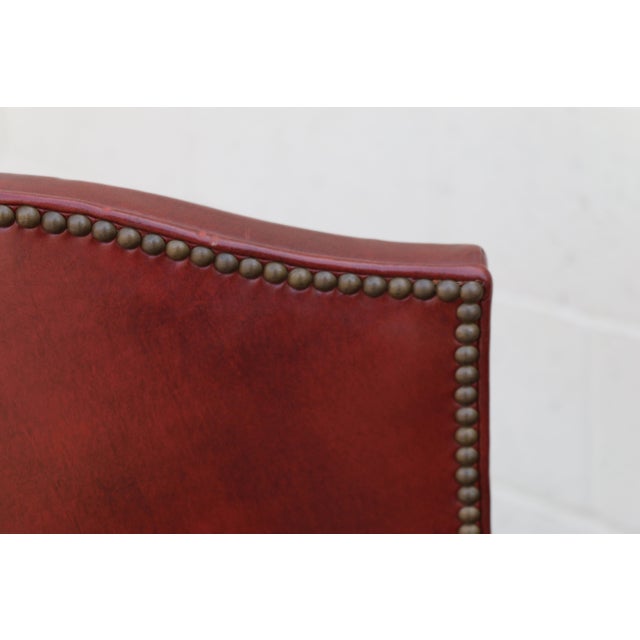 Pair of Vintage English Regency Style Leather Armchairs | Carved Wood Frame, Nailhead Trim For Sale In Los Angeles - Image 6 of 18