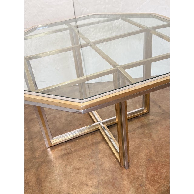 Chrome Italian Modern Octagonal Center Table of Chrome and Brass With Glass Top For Sale - Image 8 of 9