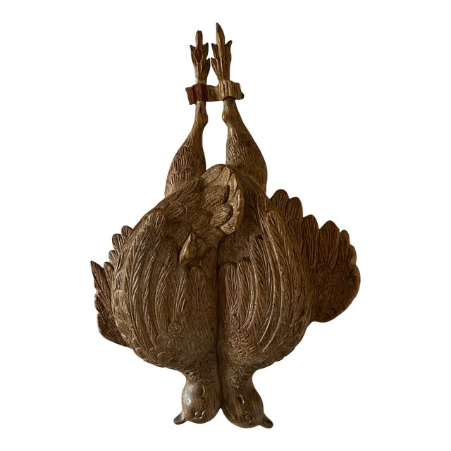 French Carved Wood Game Pheasants Birds / Hunting Trophy / Folk Art Wall Sculpture For Sale