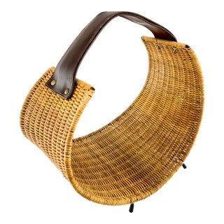 1960s Mid-Century Rattan Firewood Log Basket With Leather Handle For Sale