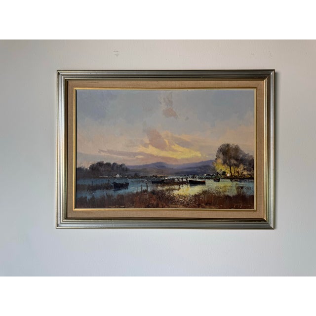 Abstract 1980s Vintage Impressionist Sunset Lake Landscape Oil on Board Painting – Signed For Sale - Image 3 of 12