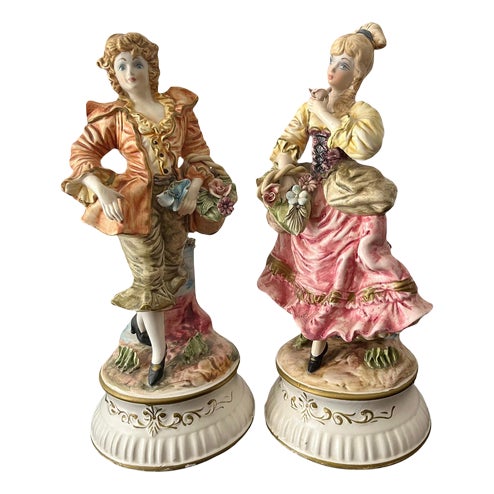 Set of 2 Baroque Style Large Capodimonte Porcelain Figurines, Italy, Circa 1900s For Sale