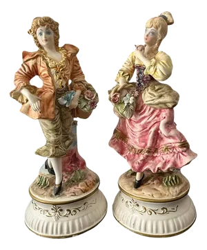 Set of 2 Baroque Style Large Capodimonte Porcelain Figurines, Italy, Circa 1900s