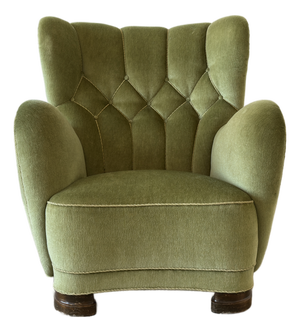 Scandinavian Mordern Wingback Lounge Chair in Green Velvet, 1940s