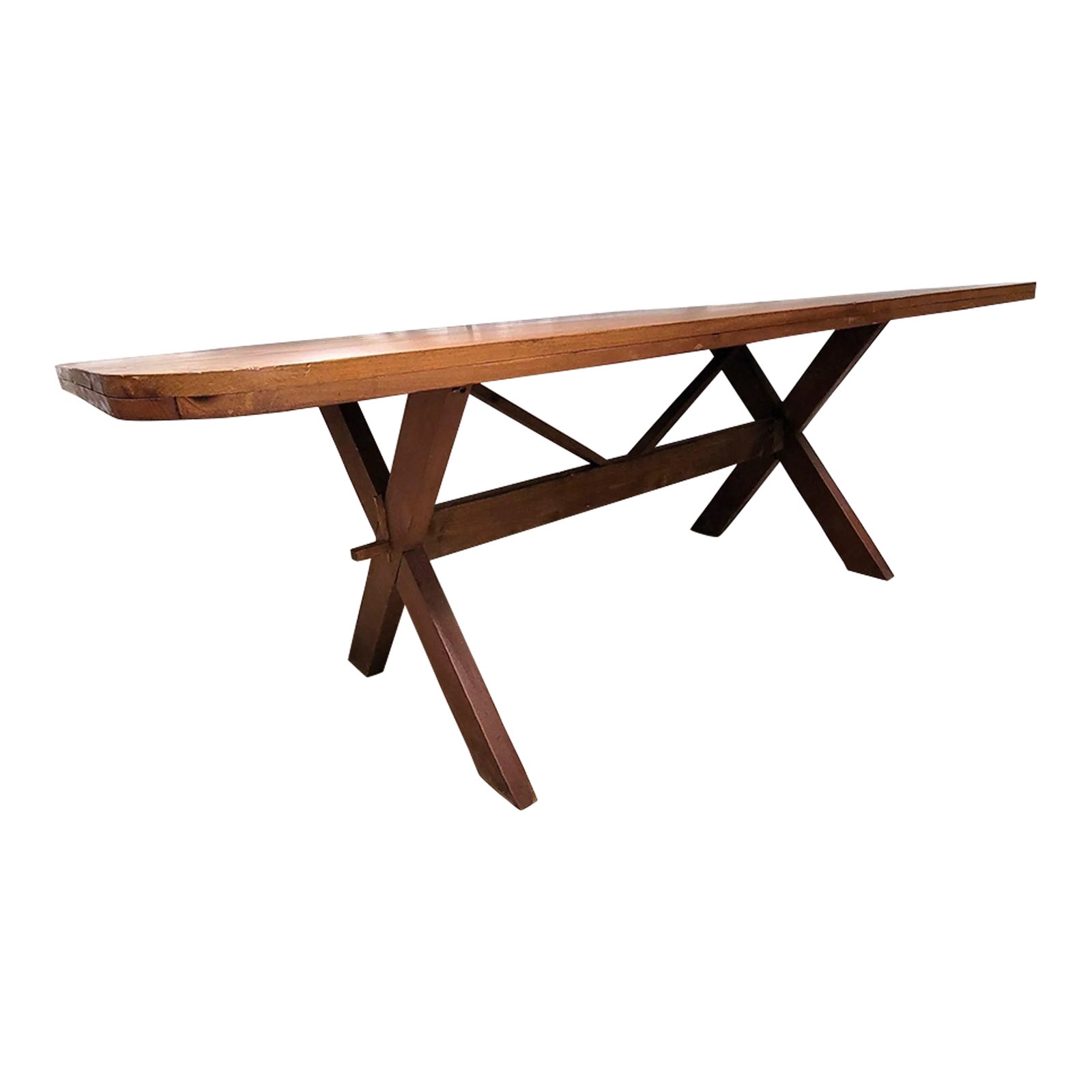 Rustic American Farmhouse Pine and Maple Trestle Dining Table | Chairish