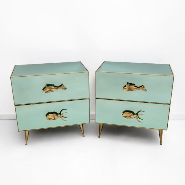 Mid-Century Modern Aqua Green Mirrored Glass Nightstands with Brass Fish Handle, 2000, Set of 2 For Sale - Image 10 of 10