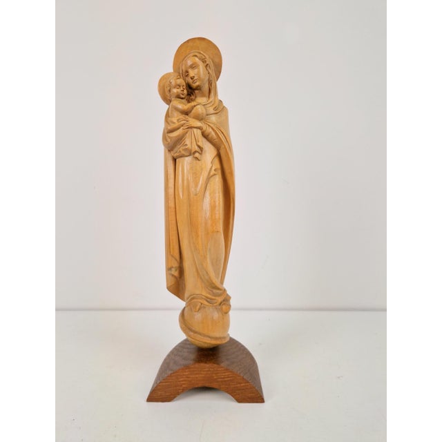 Hand-Carved Wooden Sculpture of Our Lady Mary with Child, 1930 For Sale - Image 9 of 9