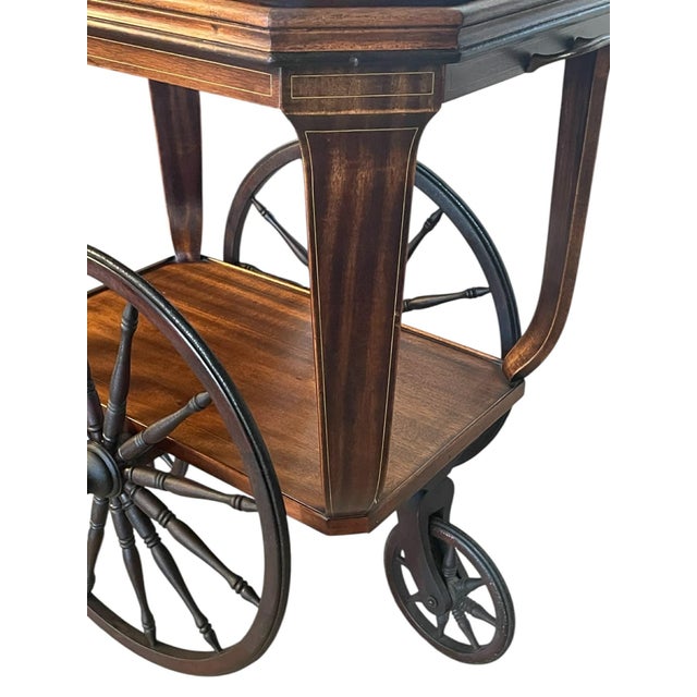 Late 19th Century Antique Tea Cart With Brass Inlay, Wood Framed Glass Tray Top For Sale - Image 5 of 18
