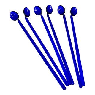 1940s Italian Art Deco Hollywood Regency Glass Swizzle Stick Spoons & Straws - Set of 6. For Sale