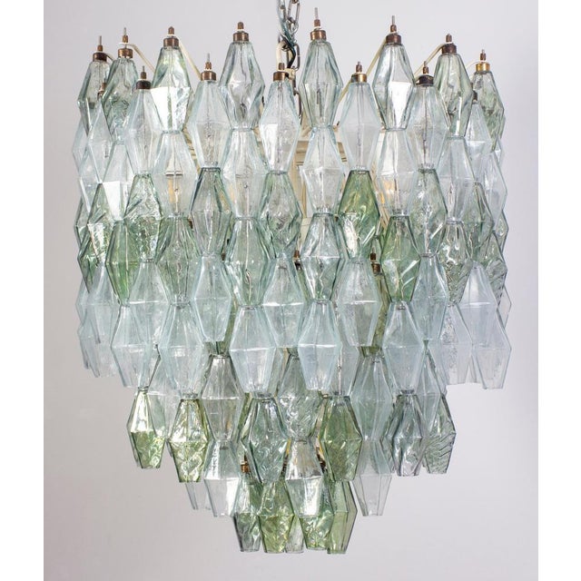 Fabulous original polyhedral murano glass chandelier. Rare combination green and clear colored poliedri hanging from the...