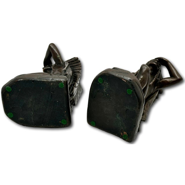 Large & Unusual Antique Native American Indian Motif Bronze Clad Bookends Signed Ruhl - Circa 1910s For Sale - Image 16 of 18