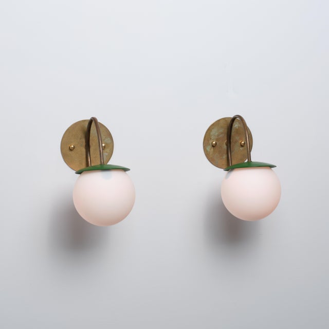 Vintage Italian Brass Wall Lamps with Green Details and Opaline Globes, 1950s, Set of 2 For Sale - Image 9 of 15